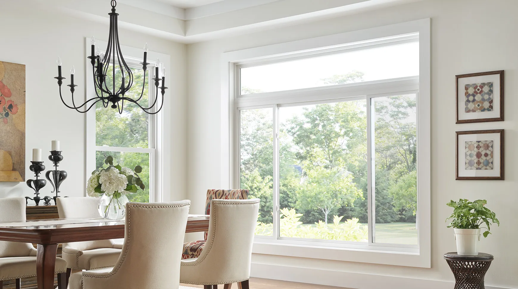 Modern dining room with sliding windows